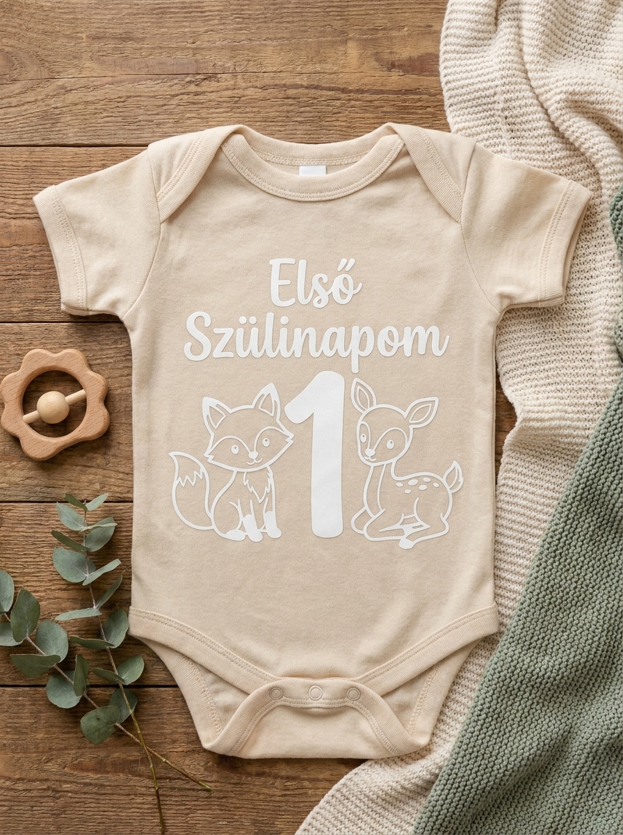 Tündéri Erdei Állatos "Első Szülinapom" Felvasalható Matrica Babaruhára